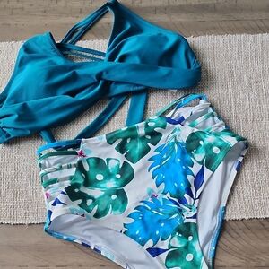Teal Bikini Top and Tropical Print Bottoms